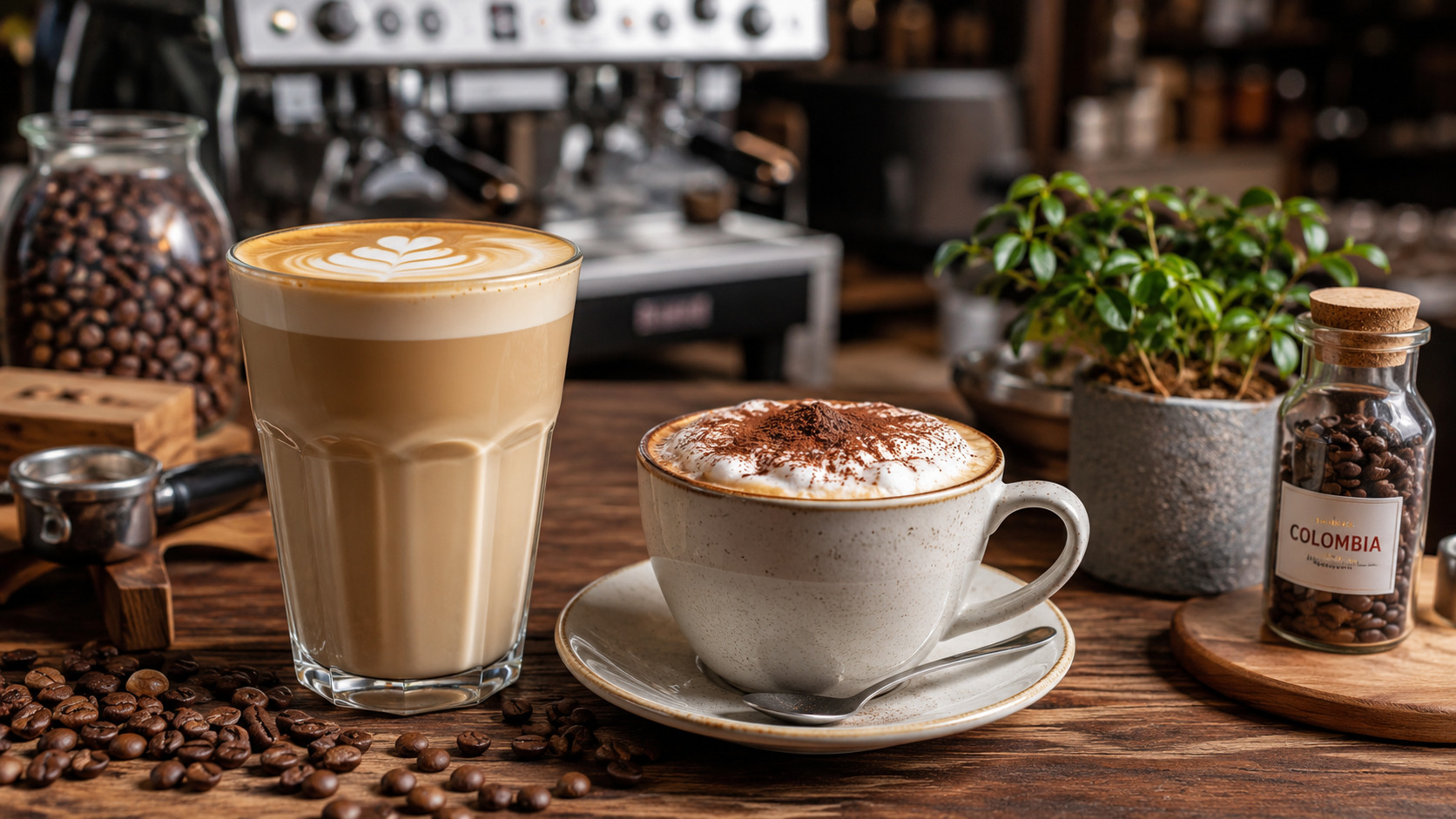 Porovnání latte a cappuccina v moderní kavárně – jemné latte s latte art a výrazné cappuccino s hustou mléčnou pěnou pro milovníky italské kávy
